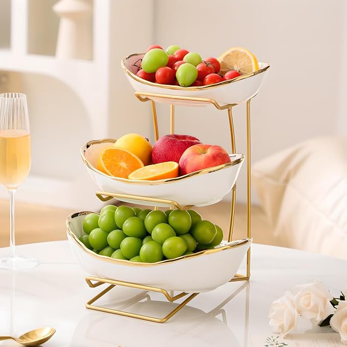 Gold Silver Fruit Bowl with Metal Stand, 3 Tier Ceramic White Fruit Bowl Fruit Rack for Kitchen Counter, Tiered Fruit Basket for Snacks Bread Candy Storage (White B (Smooth Surface))