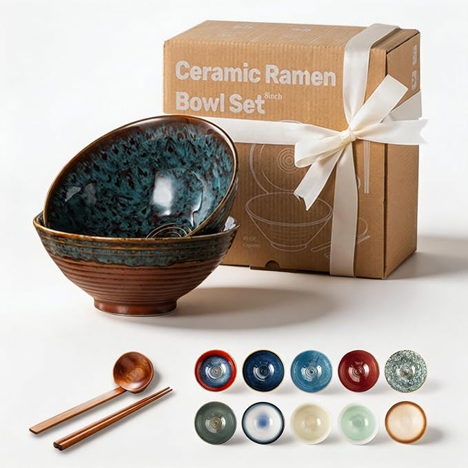 8 Inch Ceramic Ramen Bowl Set of 2, 40oz Japanese Bowls with Spoons & Chopsticks,Durable,Microwave & Dishwasher Safe,Perfect for Ramen,Pho,Salad,Soup,Noodles，Mixing bowls（Verdigris Green）
