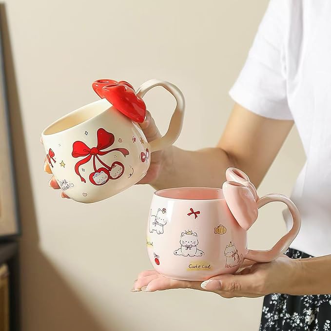 DTI YEOP-Cute Pink Cat Ceramic Coffee Mug with 3D Bow & Bow Spoon | Kawaii Kitty Animal Tea Cup,13.5oz,Large Curved Handle Milk Cup, Lovely Gift for Girls Women Birthday Christmas