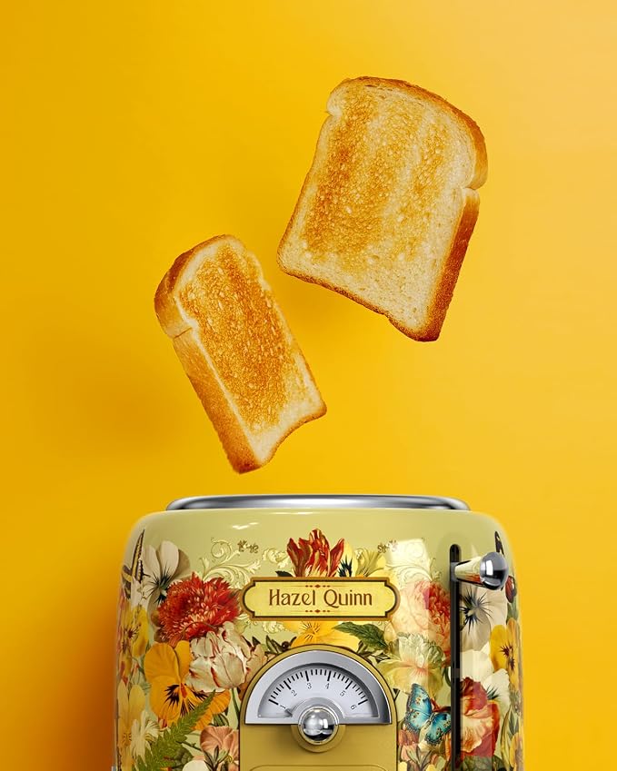 Hazel Quinn X Eduardo Recife 2-Slice Retro Toaster 6 Browning Levels Floral | 3 Functions-Defrost/Reheat/Cancel, Removable Crumb Tray for Easy to Clean 1.5 Inches Extra Wide Slots, Toast Bagels Breakfast