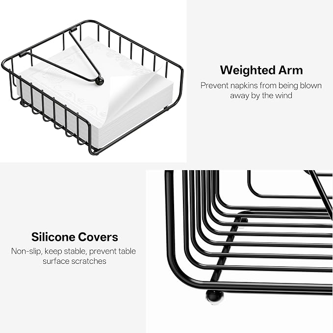 Napkin Holder for Table with Weighted Arm, Dinner Metal Flat Napkin Holders for Paper Napkins, Outdoor Napkin Dispenser Restaurant (Black)