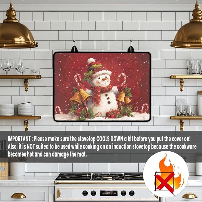 Cute Snowman Bell Print Electric Stove Top Cover Multipurpose Glass Cooktop Protector 29.18 x 20.96 inch Dish Drying Mat Coffee Machine Mat for Flat RV Range Christmas Decor