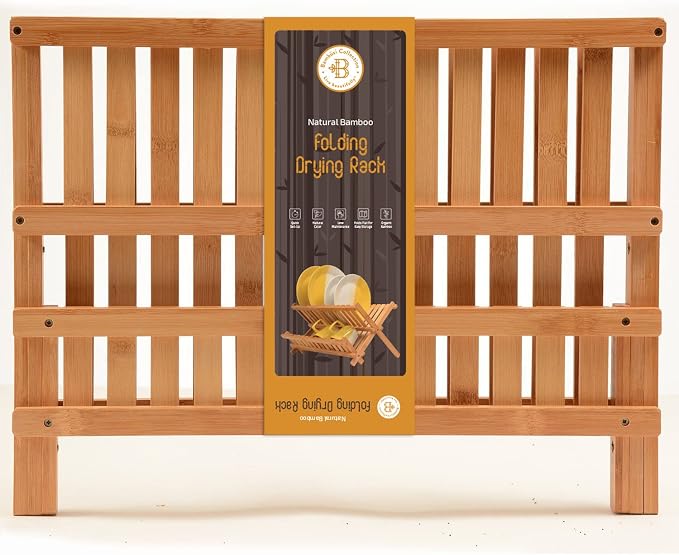 Bambüsi Collapsible Dish Drying Rack, Foldable Kitchen Counter Dish Drainer | Dish Rack Folds Flat, Space-Saving Bamboo Strainer, No Assembly, Holds Plates Cups Bowls Mugs Utensils, for Home, RV, Dorm