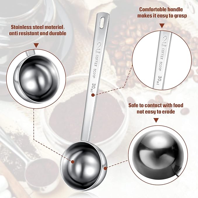 Geiserailie 4 Pcs 2 Tablespoon Scoops with Long Handle, 30 ml Stainless Steel Measuring Spoon for Coffee Milk Fruit Powder, Loose Tea Dry, Spice Jar, Cooking Baking, and Other Dry Goods