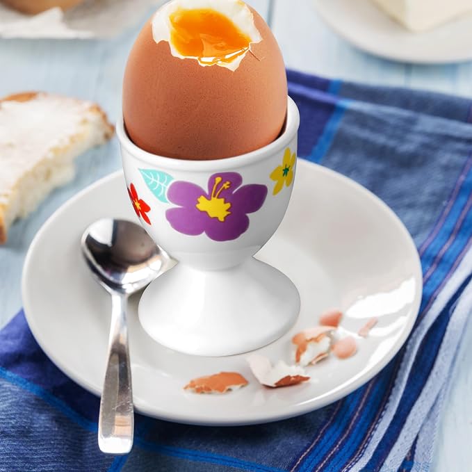 Cinf Easter Ceramic Egg Cups, Set of 2, Hawaii Flower Egg Holders | 2-piece ceramic egg cup set, festive floral design, easy to clean, perfect for boiled eggs, breakfast and Easter tables