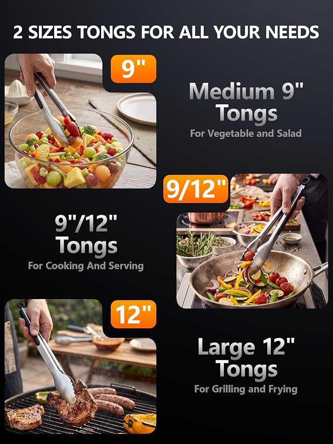 Kitchen Tongs with Teeth for Strong Gripping, 9 and 12-Inch, Black | 5-Layer Heavy Duty Stainless Steel, Good Gripping Teeth Prevent Loss of Food Into The Pot, Pull Lock, Dishwasher Safe, 1500 ℉