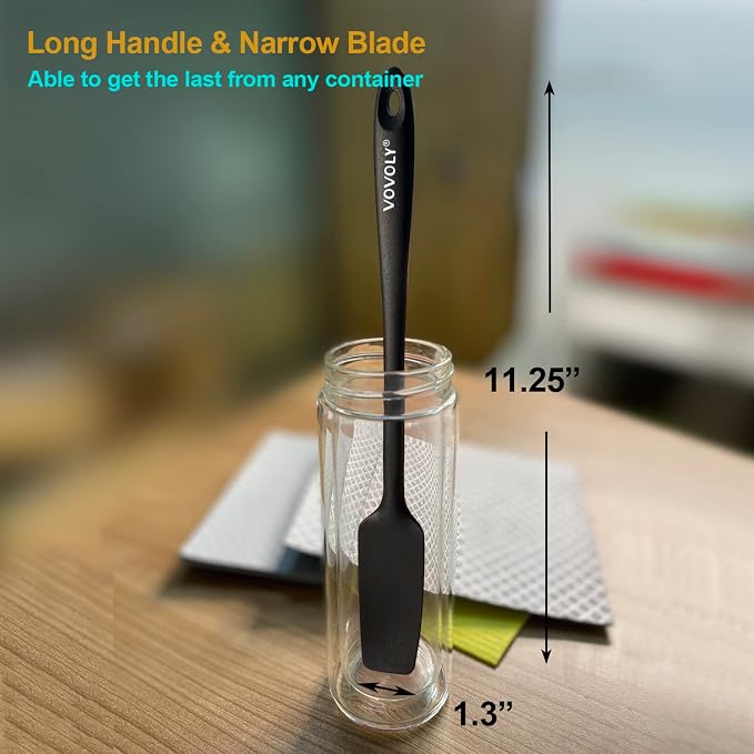 Vovoly Silicone Jar Spatula, Small Head with Long Handle, Rubber Spatulas Scraper for Jar, Blender, Bottle, etc. High Heat Resistant for Nonstick Cookware, Seamless, BPA Free, 11.2 Inch, Black.