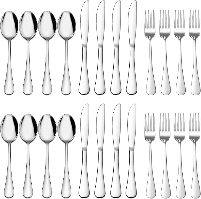 E-far Forks, Spoons and Knives Set for 8, 24 Pieces Stainless Steel Silverware, Food Grade Flatware Cutlery for Home Kitchen Restaurant, Mirror Finish, Dishwasher Safe