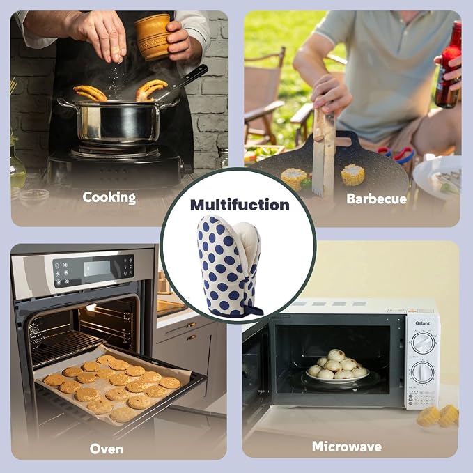 1 Pair Mini Oven Mitts,High Heat Resistant Oven Gloves,Kitchen Short Oven Mit with Hanging Loop for BBQ, Baking, Cooking and Grilling, (dotblue)