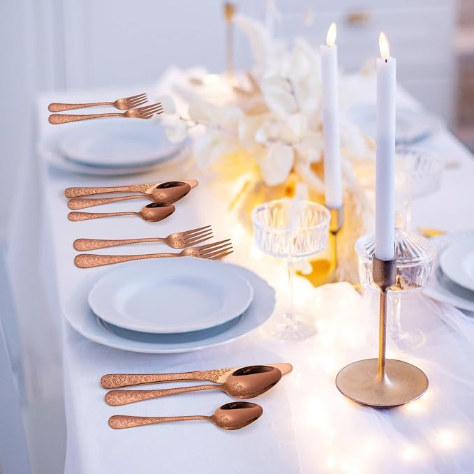 Vintage Flatware Copper/Rose Gold Floral Silverware 30 Piece Stainless Steel Set for 6 Cutlery Utensils Unique Embossed Pattern Design Elegant Home Kitchen Restaurant Festival Parties