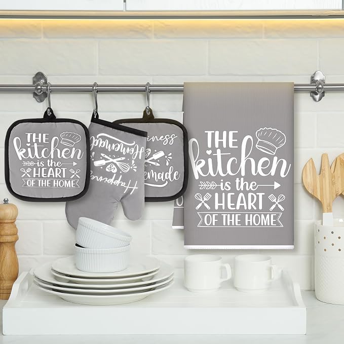 Sratte 6 Pcs Kitchen Decor Accessories Set, Kitchen, Gray | Farmhouse Kitchen Towels Pot Holders Oven Mitts Set 2 Dish Towels 2 Potholders 2 Cooking Mittens for Baking Cooking Supply