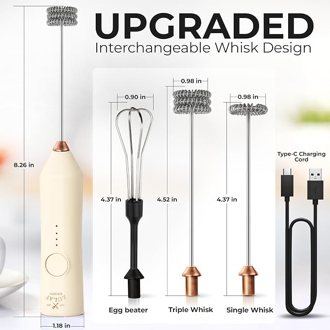 Zulay Kitchen Rechargeable Milk Frother Handheld - Frother Wand, Drink Mixer, Electric Whisk Frother, for Cappuccinos, Matcha & Protein Powder - Dynamic 3 Whisk, 3 Speed 500mAh Cream Gold