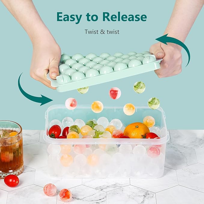 Optish Ice Cube Tray with Lid and Bin, 3 Pack Ice Trays for Freezer, 99 Pcs Round Ice Cube Mold, Ices Maker Bucket with Scoop for Cocktail, Coffee, Rv Accessories, Easy to Release (1 inch, Green)