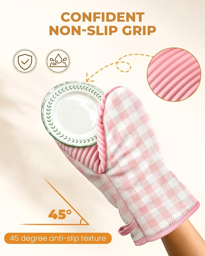 100% Thick Cotton Oven Mitts Ribbed Soft Silicone Pink Gingham | Aesthetic Oven Mitts for Women, Machine Washable Non-Slip Kitchen Mitts, Reversible for Both Hands, Stylish Kitchen Decor