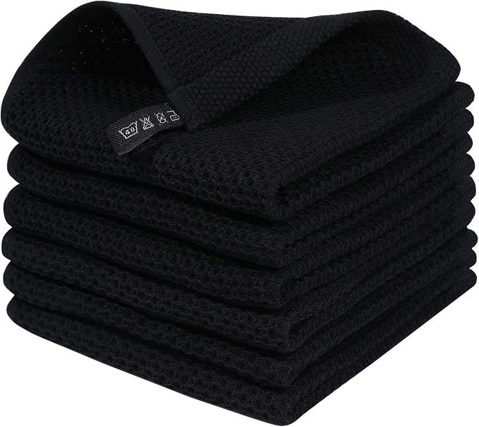 Homaxy 100% Cotton Waffle Weave Kitchen Dish Cloths 6-Pack, Black | 12 x 12 Inches, Ultra Soft Absorbent Dish Towels, Quick Drying Dish Rags with Hanging Loop