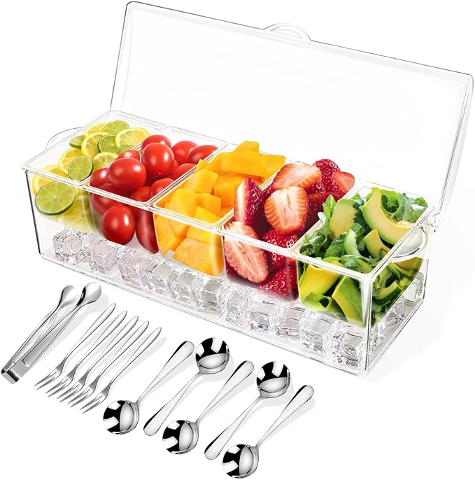 Condiment Tray with Stainless Steel Tableware, Chilled Condiment Server | Bar Accessories with 5 Spoons, 5 Forks and 1 Clip with Removable Trays and Lid