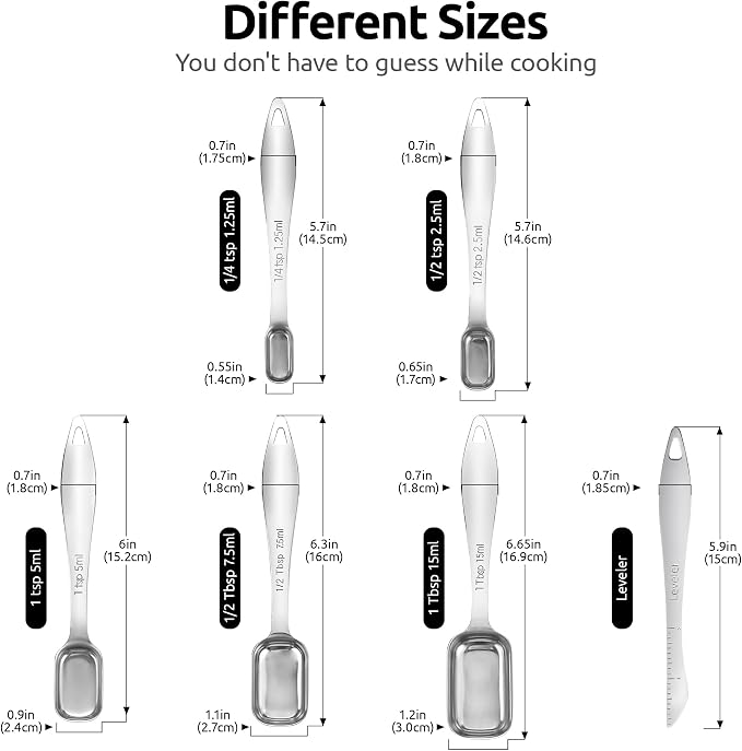 U-Taste Narrow Square Measuring Spoons, Metal Measure Set of 6 with Leveler | Long Handle Rectangular Teaspoon Tablespoon, 18/8 Stainless Steel Polygons Measure Spoon Set, Narrow Scoop for Spice Jars