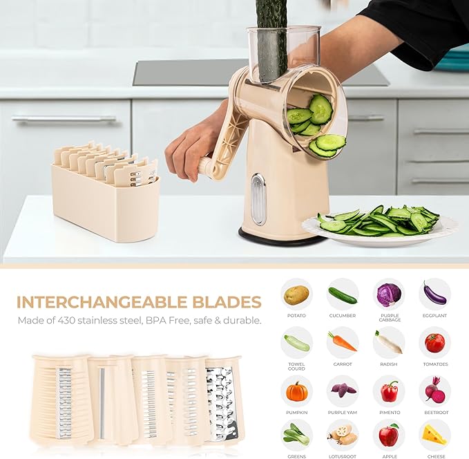 SUSTEAS Rotary Cheese Grater 5 Blades,Kitchen Mandoline Vegetable Slicer | Beige, Easy to Clean, Strong Suction Base, 5 Blades Storage Box, Round Mandoline Slicer & Food Chopper for Salad