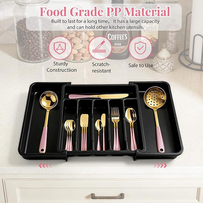 30 Pieces Silverware Set with Organizer, Stainless Steel Cutlery Set Flatware Set for 6 Person, Tableware Set Includes Dinner Knives Forks Spoons Teaspoons Butter Knives (Pink Gold-30PCS)