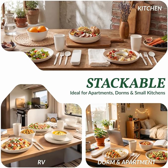 Plates and Bowls Sets 28 PCS Modern Wheat Straw Dinnerware Sets for 4 Unbreakable Kitchen Plate Set - Dinner Plates, Plastic Bowls, Travel Utensils Microwave & Dishwasher Safe (White)