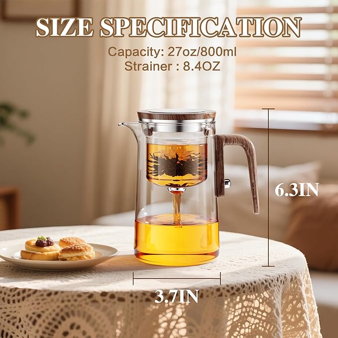 Enchanti Tea Pot, One Touch Glass Teapot with Infuser, Tea Maker for Loose Leaf Tea, Tea Gifts Set -27oz/800ml