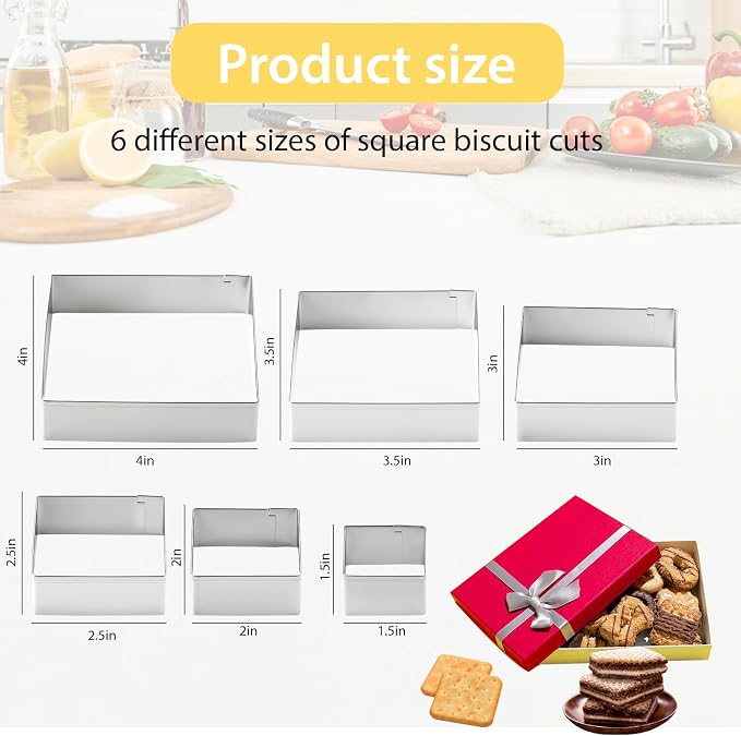 6 PCS Square Cookie Cutter Set - Cookie Cutters (1.5-4 Inch), Stainless Steel Set for Baking, Cookies, Biscuits & DIY - Durable Square Cutters for Holiday & Daily Use