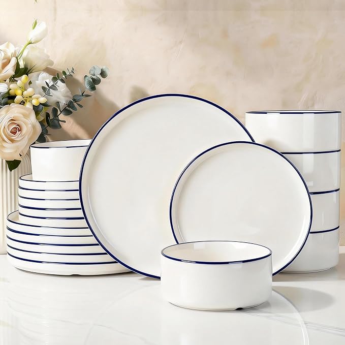Famiware Porcelain 18-Piece Dinnerware Set, White with Blue Trim | Plates and Bowls for 6, Dishwasher & Microwave Safe, Chip & Scratch Resistant, Ideal for Everyday & Formal Use
