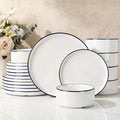 Famiware Porcelain 18-Piece Dinnerware Set, White with Blue Trim | Plates and Bowls for 6, Dishwasher & Microwave Safe, Chip & Scratch Resistant, Ideal for Everyday & Formal Use
