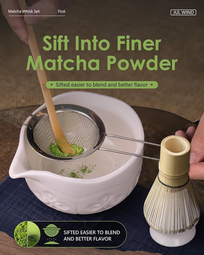 Matcha Whisk Set, Ceramic Matcha Set Includes Matcha Bowl and Matcha Whisk | Holder, Spout, Bamboo Scoop, Sifter and Tea Towel - 6 Pcs Matcha Kit Gift for Matcha Lovers Beginners