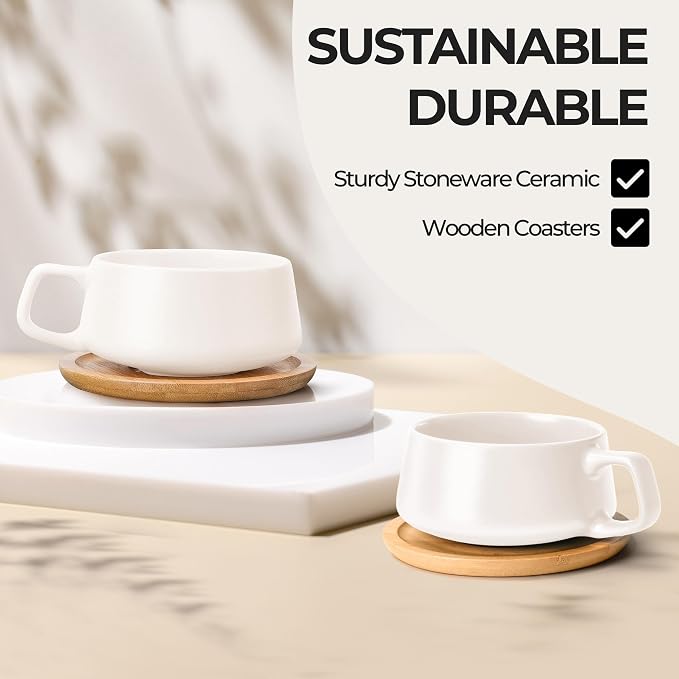 MIAMIO - Cappuccino Cup Set of 4, Ceramic (9.5oz) - Luxe (White) | Ceramic cappuccino cups and saucers, wide latte cups and mugs for Americano, 4-piece set of ceramic cups - dishwasher safe
