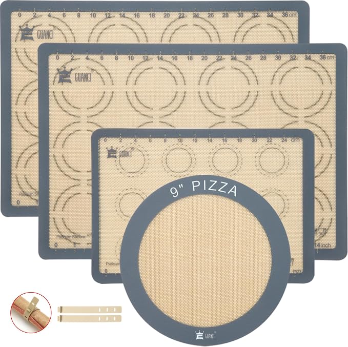 Silicone Baking Mat Set of 4, 2 Medium 16.5"x11.6", 1 Small 11.8"x8.4", 1 Piece 9" Round, All Mats 0.7mm Thick, Food Grade Non-Stick Reusable Baking Mats for Pizza, Bread, Pastry, Macarons