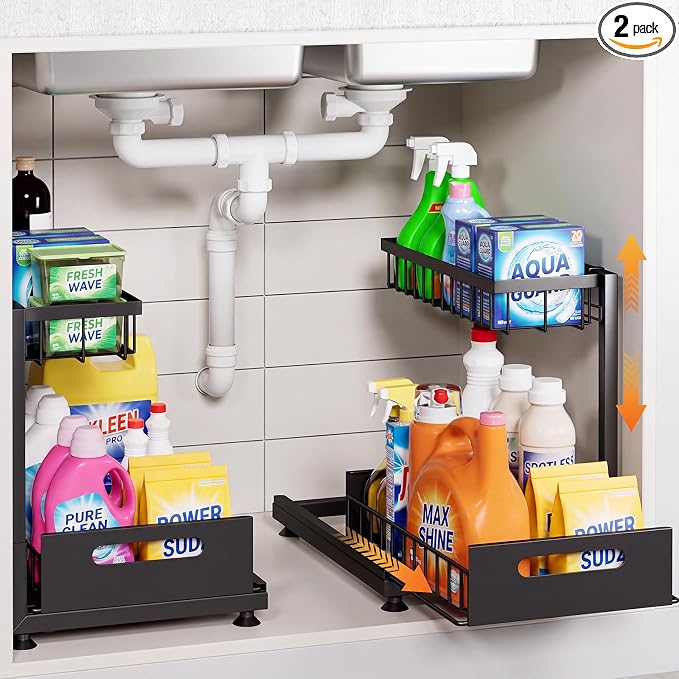 2-Pack L-Shaped Under Sink Organizer, 2-Tier Pull-out Cabinet Rack | Black Height-Adjustable Steel Rack, Sliding Grid Drawers with PP Liners, Holds 100 Lbs, Suction Base, Ideal Kitchen Storage
