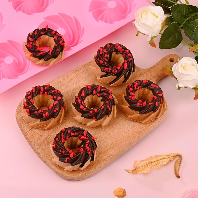HUAKENER 2 Pcs Mini Fluted Cake Pan, 6-Cavity Fluted Cake Mold, Non-stick Silicone Baking Mold for Cupcakes, Donuts, Cornbread, Brownies, Jellies