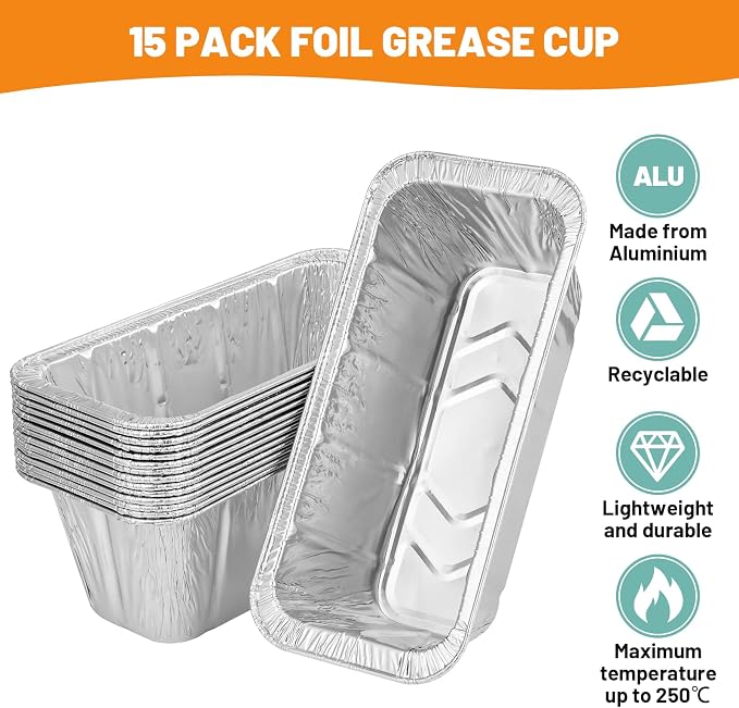 15-Pack Grease Cup Liners + Metal Griddle Grease Catcher Compatible with Blackstone Griddle, Aluminum Foil Drip Pan Grease Catcher Cup Liner for Blackstone Griddle 17, 22, 28, 36 Inch