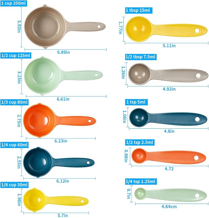 10 pcs Measuring Cups & Spoons Set, Kitchen Gadgets | Measuring Cups with non-slip Handles for Baking & Cooking, Space-Saving Multicolor Design, Dishwasher Safe