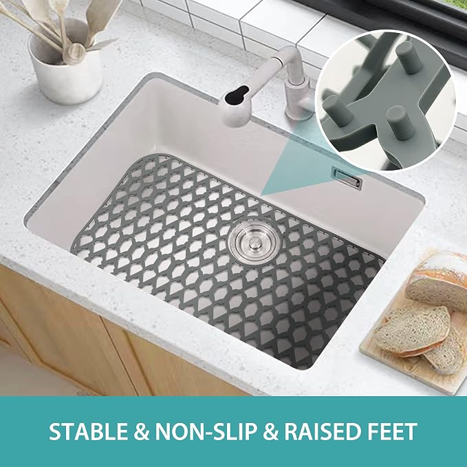 Silicone Kitchen Sink Protectors Mats - 12" 13" 14" 16" 18" 19" 21" 22" 24" 25" 26" 28" 30", Heat Resistant, Machine-wash (28”x14.4”, Rear Drain)