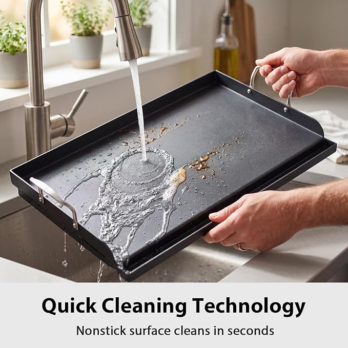 Utheer 25" x 16" Pre-Seasoned Nonstick Cast Iron Griddle for Gas & Charcoal | Universal Flat Top with Grease Groove, Reinforced Ridges & High Sidewalls, Great for Stove, Parties, Camping & Tailgating