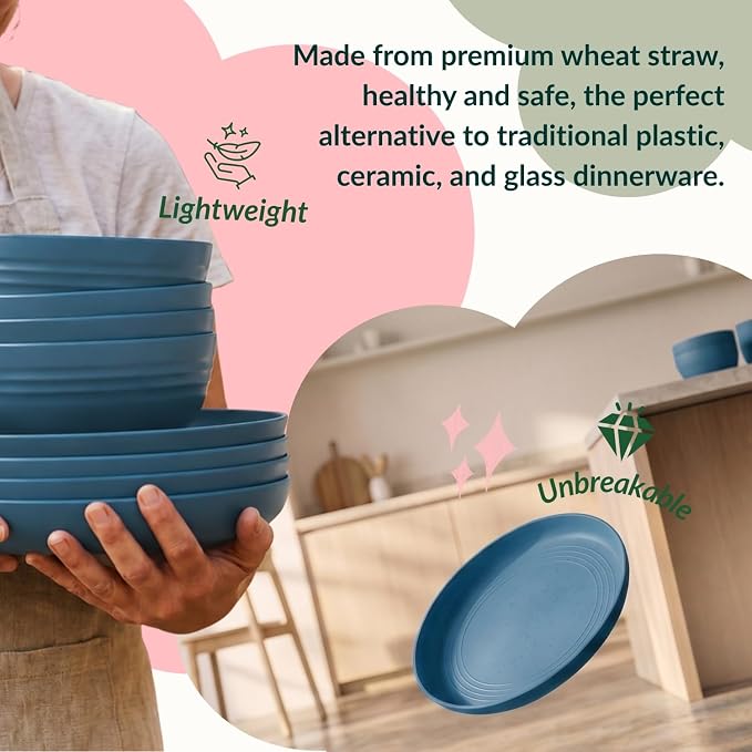 Wheat Straw Dinnerware Sets, Homienly 20pcs Unbreakable Microwave Dishwasher Safe Tableware Lightweight Bowls, Cups, Plates Set Reusable Dinner Plates Bowls set (Blue)