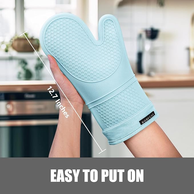 RORECAY Silicone Oven Mitts and Pot Holders Sets, Kitchen Gloves, Sky Blue | Set of 6 Kitchen Mitts for Baking & Cooking, Heat Resistant 500 ℉, 12.7" Extra Long, Non-Slip & Waterproof, Quilted Cotton