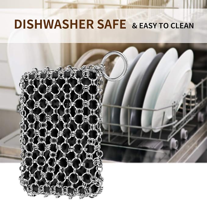 Herda 316L Cast Iron Scrubber Cleaner, Large Chainmail Cast Iron Cleaner | Honeycomb Silicone Insert,Flexible,Stainless Steel Chain Mail Metal Sponge Scrub Skillets,Oven,Flat Top,Grill Pan Pot Brush