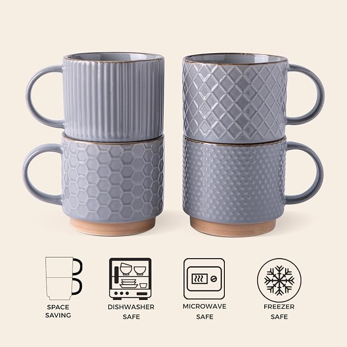 GBhome 12 OZ Stackable Coffee Mugs Set of 4, Ceramic Coffee Cups Set | 4 Assorted Designs, Embossed Mugs with Texture Patterns for Tea/Coffee, Dishwasher&Microwave Safe, Gray