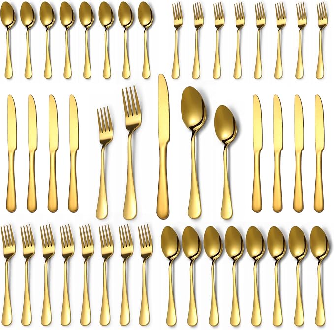 40 Pcs Gold Silverware Set for 8, Food Grade Stainless Steel Flatware Set, Eating Utensils Sets Include Fork/Knife/Spoon, Reusable Cutlery Set for Home Kitchen, Dishwasher Safe, Round Edge