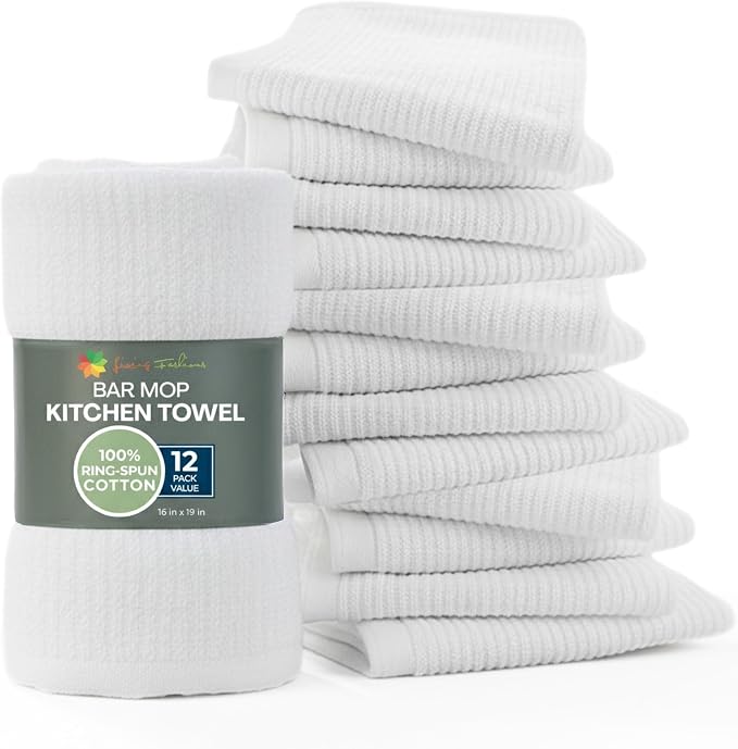 Bar Towels - 16" x 19" Bar Mop Cleaning Dish Rags, 12-Pack | Dish Towels, Premium Ring-Spun 100% Cotton Dish Cloths, Super Absorbent Kitchen Towels, Bar Mop Towels, (White)