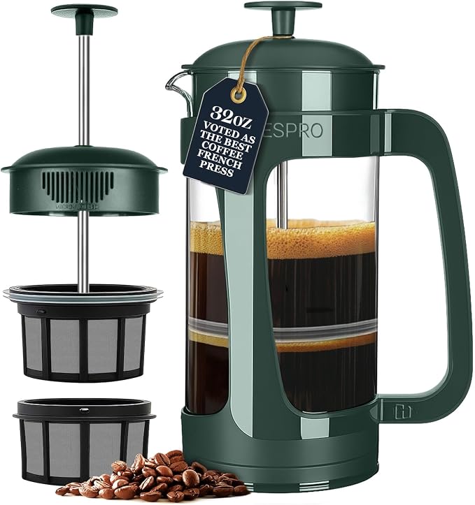 ESPRO P3 French Press Coffee Maker, 32oz, Green, Double Micro Filter Press | Grit-Free Coffee Press, Thicker Borosilicate Heat Resistant Glass french press, Tea Press, Easy Coffee Brewer, Tea Brewer
