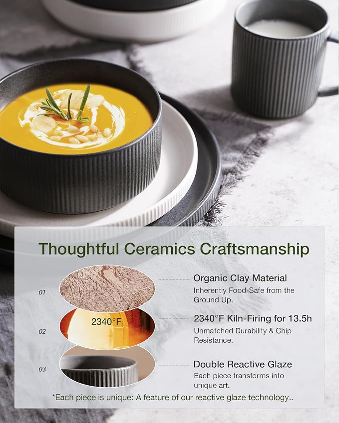 Famiware Star Stoneware Dinnerware Set, Reactive Glaze Plates & Bowls for 4 | 12-Piece Handmade Ribbed Dishes, Chip & Scratch Resistant Ceramic. Microwave & Dishwasher Safe, Rustic Modern, White & Black