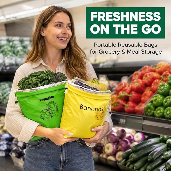 2 Pcs Banana Storage Bag with Aluminum Lining, Quick Seal Drawstring Pouches 13.7x11" for Banana & Lettuce, Reusable Produce Saver Pouches Slow Ripening for Fridge, Home Storage