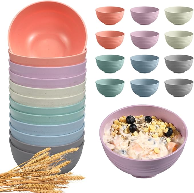 HEYCOME 12 Pcs Unbreakable Cereal Bowls Set, 26 Oz Wheat Straw Bowls Set, Microwave & Dishwasher Safe Bowls for Kitchen, Reusable Plastic Bowls for Soup, Salad and Snack, BPA Free, Multicolor