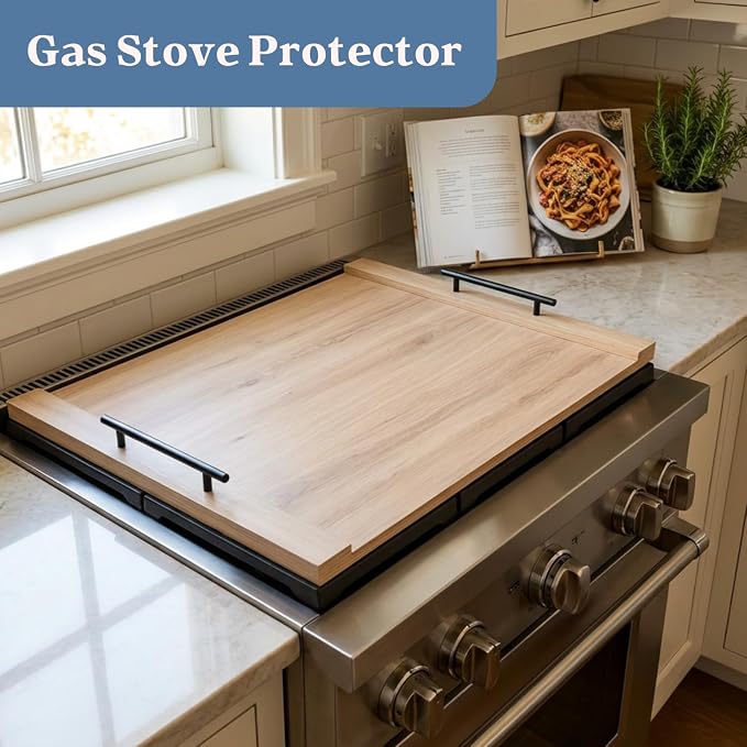 Oak Wood Stove Top Cover for Gas & Electric Range | 30"x22" Farmhouse Noodle Board with Handles | RV Kitchen Workspace Saver