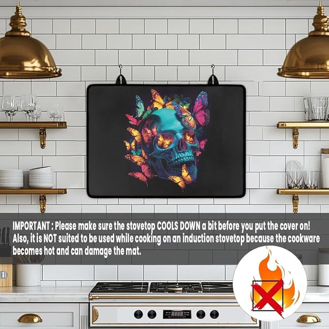 Groovy Skull Colorful Butterfly Print Stove Top Covers for Electric Stove Dish Drying Cooktop Cover Anti-Slip Stovetop Protector Range Covers for Glass Top Stove, 29.18 x 20.96 inch