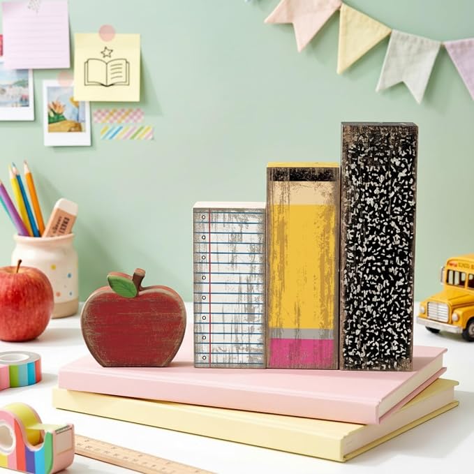 Lineshading 4 Pcs Back To School Table Decorations Wooden Apple Block Signs | Rustic Farmhouse Signs with Pencil Shape, Fake Apples Decor, Tiered Tray Display, Teacher Gifts, Classroom Decorations